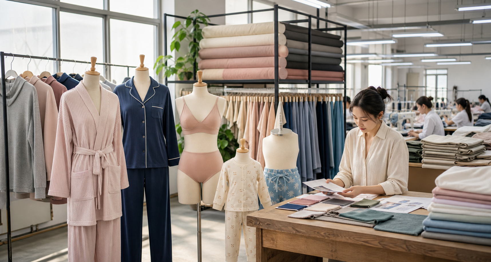 Modern apparel studio with loungewear samples and production equipment