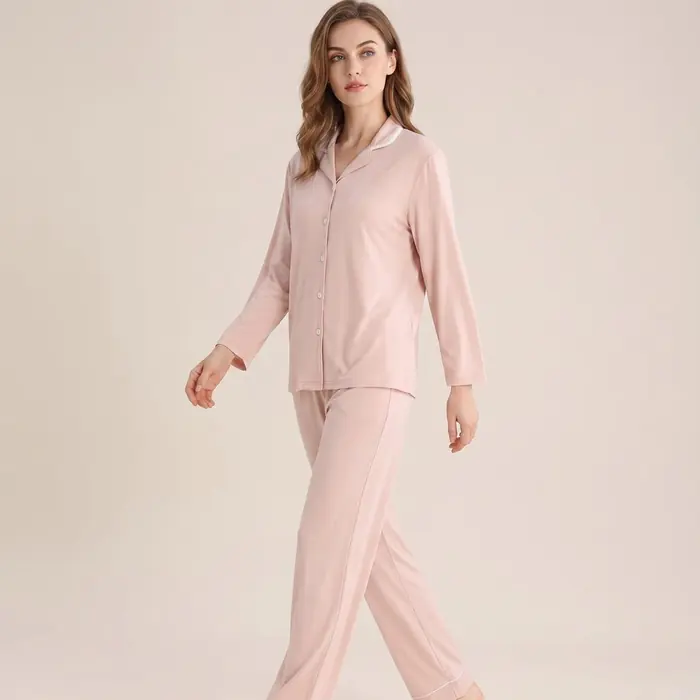 Women cotton button-front long sleeve pajama set